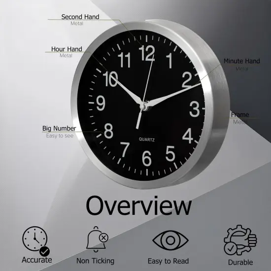 Clockswise Round Quartz Wall Clock Non-Ticking Battery Operated with Silent Sweep Movement, Aluminum Silver Frame, Perfect for Home Kitchen Office Living Room Study Hallway Classroom, Black Face {9}