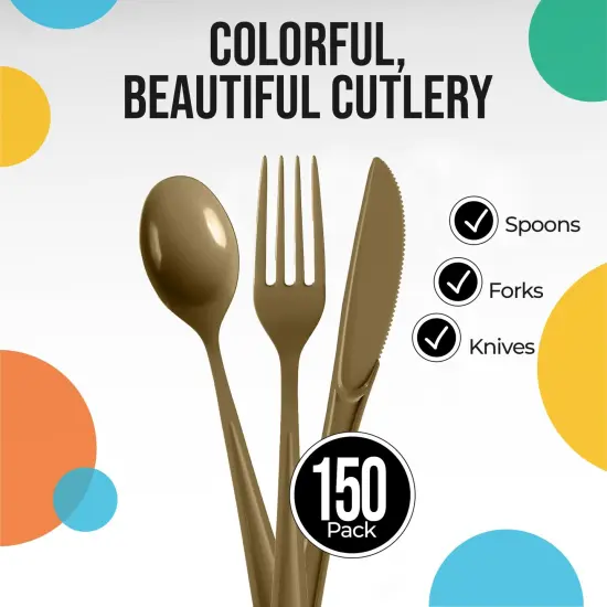 Exquisite Polished Plastic Silverware &ndash; 150 Pcs Heavy Duty Cutlery Set &ndash; 50 Each of Forks, Knives & Spoons &ndash; Disposable Utensil Set for Parties, Events & Catering &ndash; Flatware Set by Party Solids Gold {2}