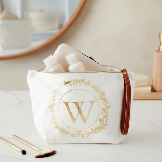 Gold Initial W Personalized Makeup Bag for Women, Monogrammed Canvas Cosmetic Pouch (White, 10 x 3 x 6 In) {2}
