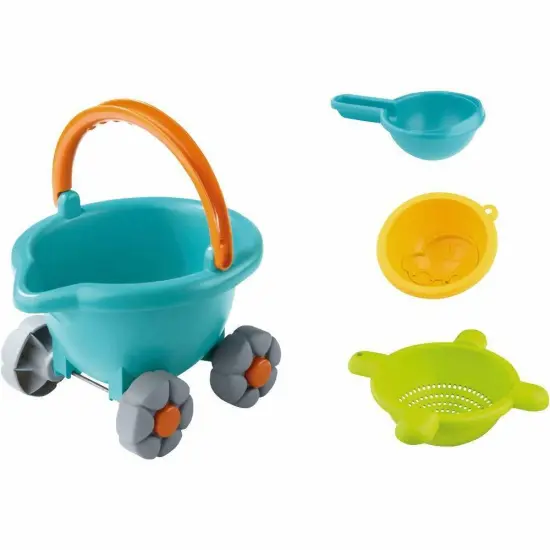 HABA Sand Bucket Scooter - 4 Piece Nesting Beach Toy Set, Toddler Beach Essentials with Sand Bucket, Sieve, Shovel, & Pail on Wheels for Toddlers 1-3 Multicolor {3}