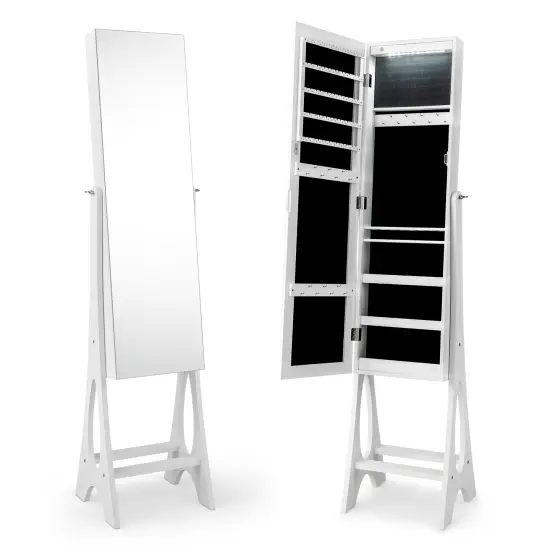 Freestanding Jewelry Cabinet Armoire Organizer with Bevel Edge Mirror White {7}
