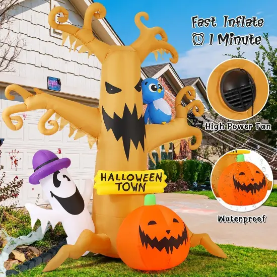 GOOSH 8 FT Halloween Inflatables Dead Tree with Owl Ghosts and Pumpkins with Built-in LED Lights {5}