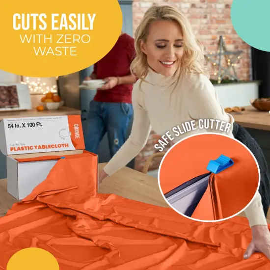 Exquisite Party Solids 54" x 100' Plastic Table Cover Roll with Slide Cutter &ndash; Cut-to-Size Dispenser Box &ndash; Makes Up to 36 Disposable 8' Rectangle Tablecloths Orange {5}
