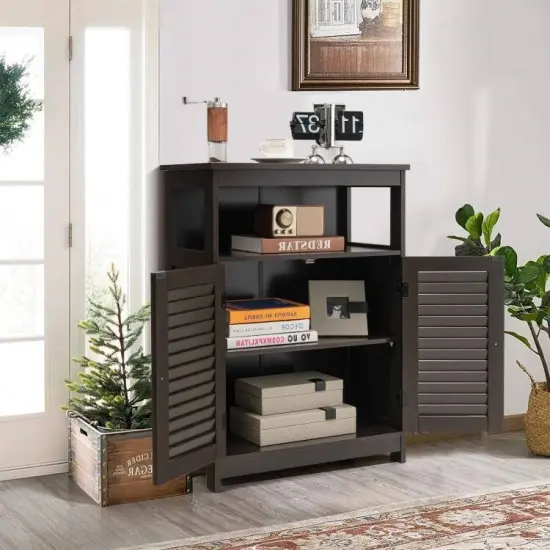Bathroom Floor Cabinet with Louvered Doors and Open Shelf, Adjustable Storage Organizer Brown {4}