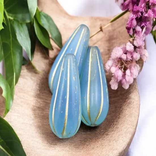*6* 22x11mm Gold Washed Blue Aqua Opaline Melon Drop Beads {1}