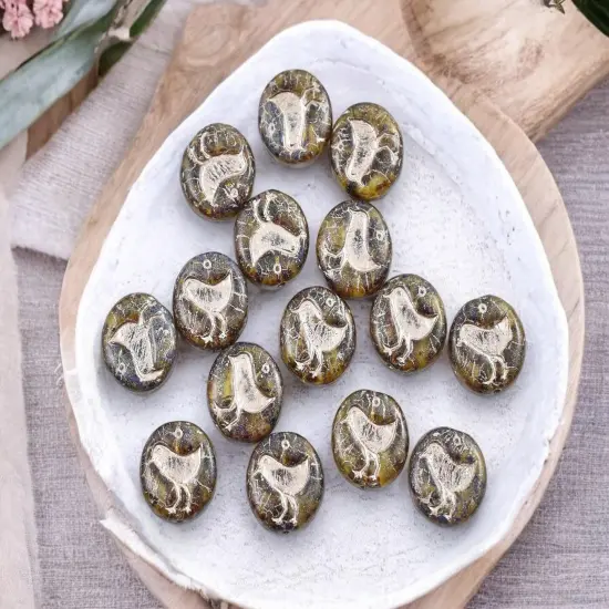 *15* 12mm Platinum Washed Green Amber Picasso Bird Coin Beads {3}