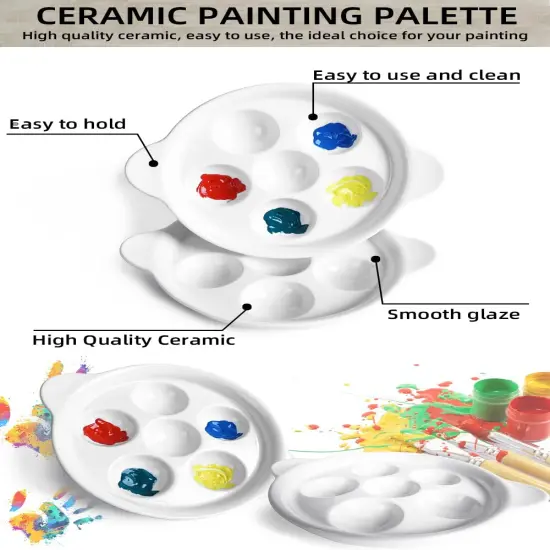 Ceramic Artist Paint Palette, 6.5 Inch Watercolor Palette with 6 Holes and Handles, Mixing Tray for Gouache Painting, Tempera Painting, Easy to Clean White, 2 Pack {3}