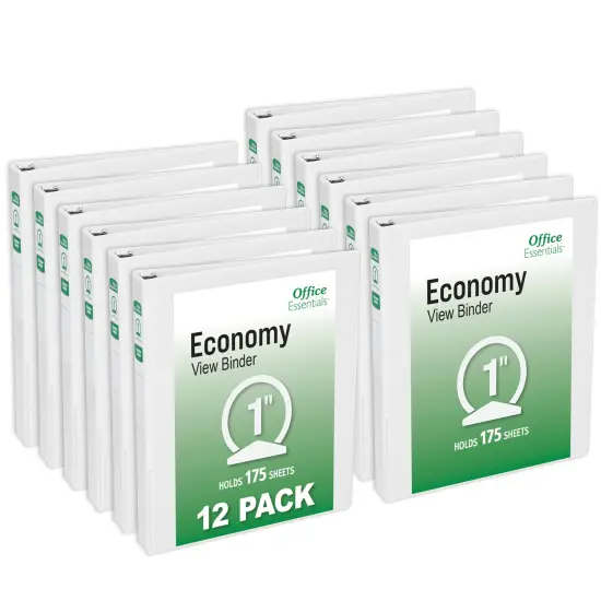 Office Essentials Economy View 3 Ring Binders, 1" Round Rings, 1.4" Spine, 175-Sheet Capacity, White Binders (12-Pack of 03424) {1}