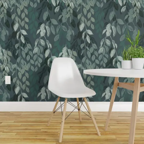 Pre-Pasted Wallpaper 2FT Wide Botanical Vines Serene Nature Calm Leaves Teal Neutral Modern Trees Boho Green Custom Pre-pasted Wallpaper by Spoonflower {1}