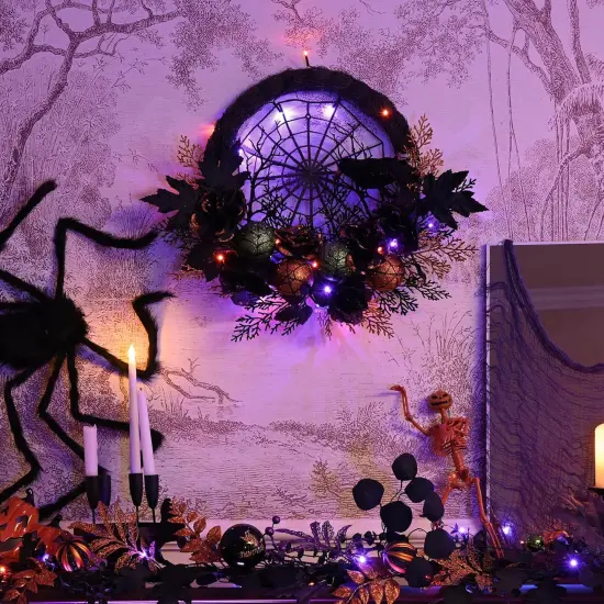 Halloween Wreath for Front Door with Lights, 24 Inch Pre-Lit Roses Crow {2}