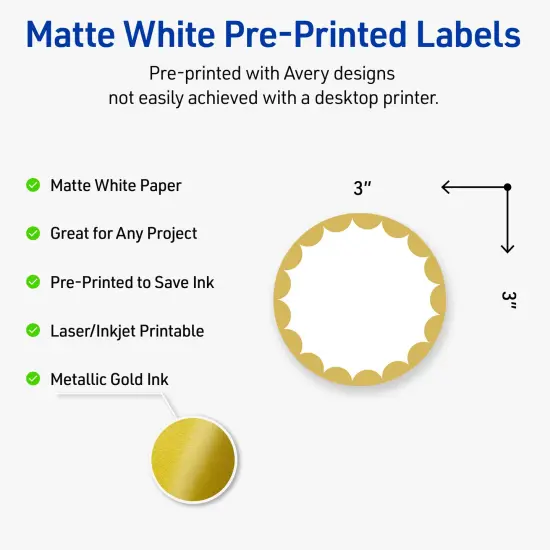Avery Printable Round Labels, Gold Edge Dots, 3" Diameter, Matte White Round Labels, Permanent, Laser/Inkjet, 60ct, Great for Product Labels {2}