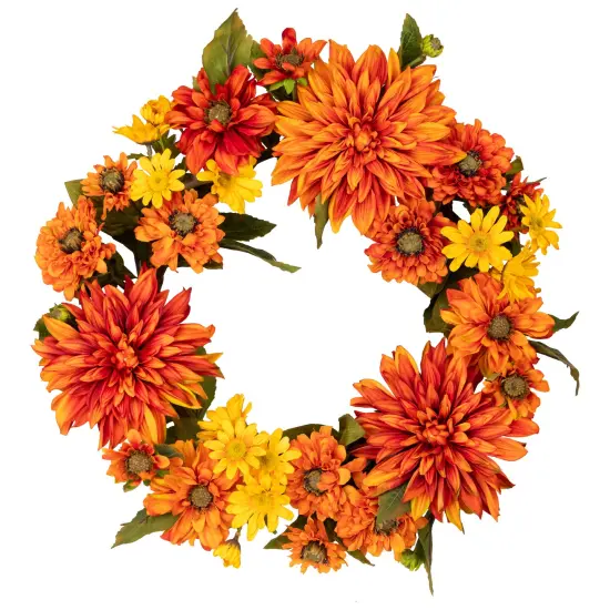 Northlight Mums and Daisies Twig Artificial Floral Wreath - Orange - 22" {3}