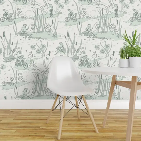 Peel & Stick Wallpaper 2FT Wide Frog Spring Nursery Toile Bikes Plants Pond De Jouy Custom Removable Wallpaper by Spoonflower {1}