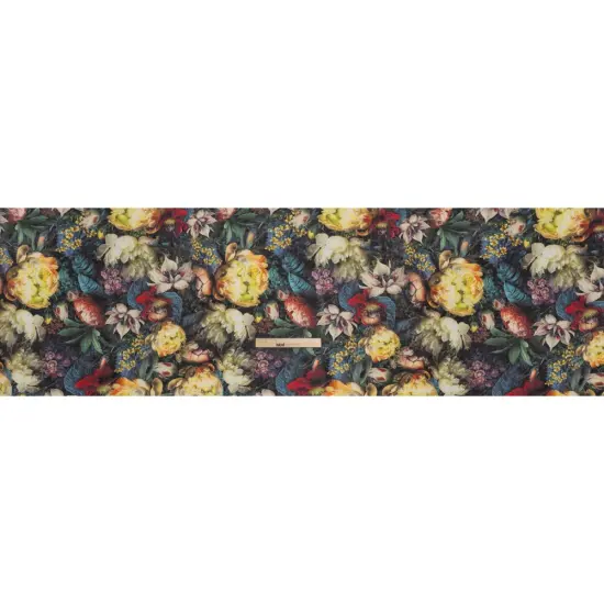 1 Yard Yellow Red Dark Green Linen Fabric Medium Weight Mythical Garden 58 inch Width {3}