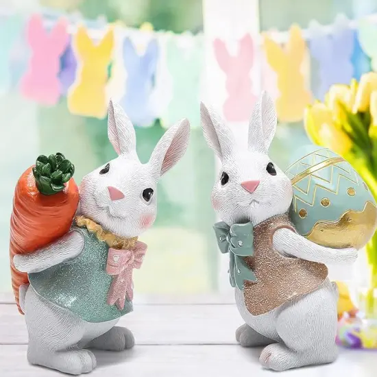 5.5 Inch Polyresin Bunny Decorations Spring Easter Decors Figurines Tabletopper Decorations for Party Home Holiday Cute Rabbit Easter Gifts (Orange Blue) {4}