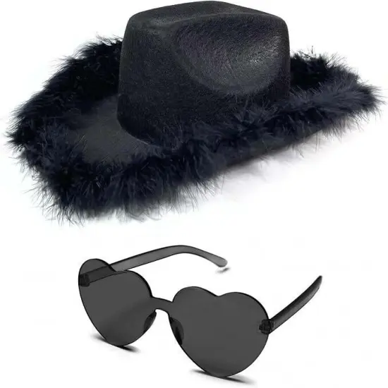 4E's Novelty Black Cowboy Hat with Feathers and Heart Sunglasses for Women - Black Cowboy Hat, Oversized Heart Glasses - Cowboy Hat for Costume Party {2}