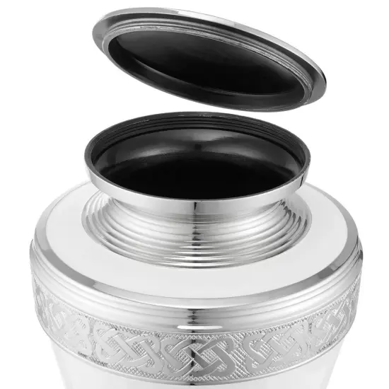 Adult Cremation Urn for Human Ashes - White and Silver with Velvet Bag {2}