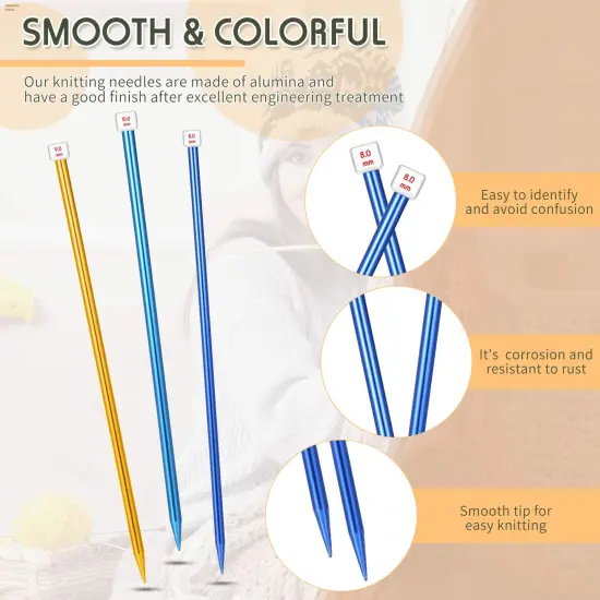 6 Pieces/ 3 Pairs Aluminum Straight Knitting Needles Set, 8 mm, 9 mm and 10 mm,14 Inch Single Point Knitting Needles, Color Extra Long Sweater Straight for DIY Projects {5}