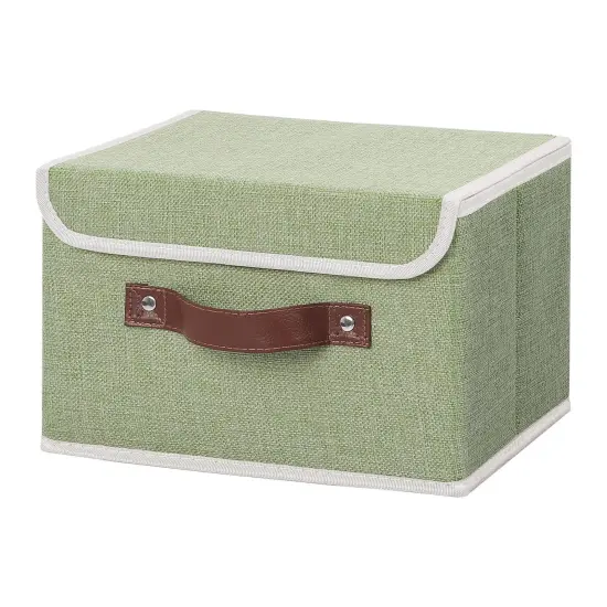 Storage Bin with Lid Storage Boxes with PU Leather Handles PP Plastic Board Decorative Foldable Lidded Cotton Linen Fabric Home Cubes Baskets Closet Organizer Container - Green, Small Size {1}