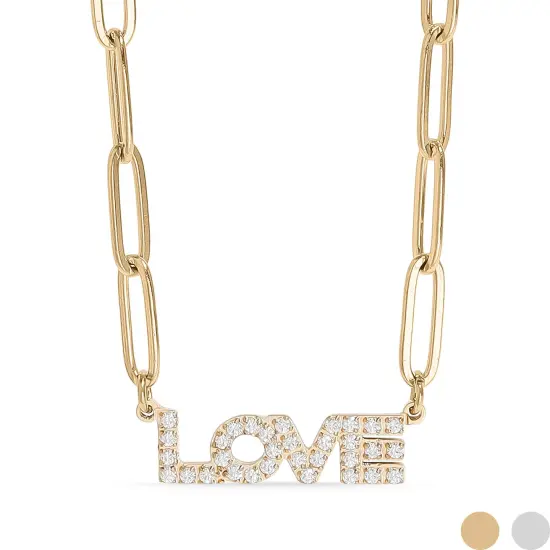 18K Gold PVD Stainless Steel Stone "Love" Paperclip Chain Necklace {1}