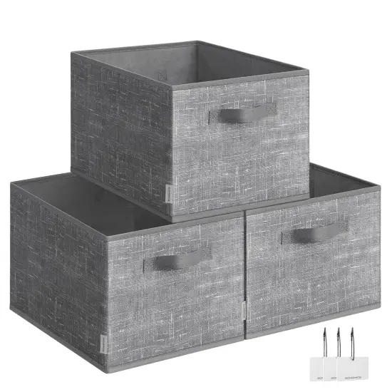 SONGMICS Storage Baskets, Set of 3 Fabric Storage Bins, 15.7 x 11.8 x 9.5 Inches, Foldable Closet Organizer for Shelves, 2 Handles, Label Holders, for Bedroom, Living Room, Cattail Gray UROB440G01 {1}