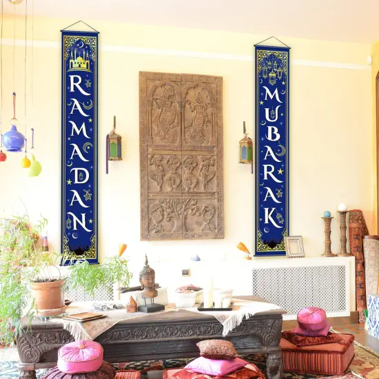 Blulu Eid Mubarak Decoration Set Ramadan Mubarak Porch Sign Ramadan Banner Hanging Decoration for Indoor/outdoor Decor Eid Al-fitr Party(Blue) {6}
