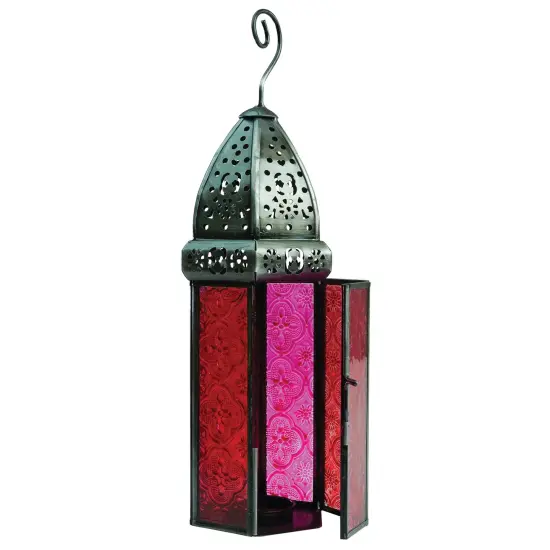In the Breeze 9213 — Pink & Red Large Hex Tealight Lantern — Moroccan-Style Boho Chic Tealight Glass and Metal Tabletop Lantern {1}