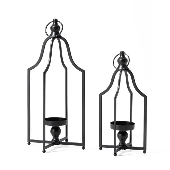 Set of 2 Modern Black Metal Foldable Lanterns Spring Wedding Hanging Candle Holders {1}