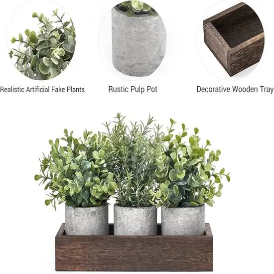 3 Pack Mini Potted Artificial Eucalyptus Fake Plants with Wood Tray Centerpiece Table Decorations {4}