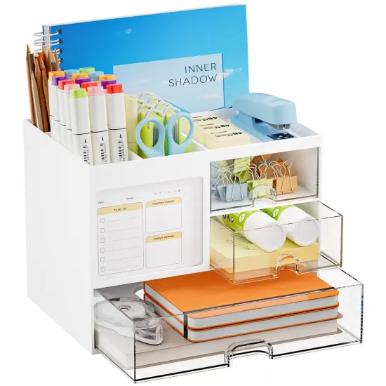 Desk Organizer with 3 Drawer, Multi-Functional Pencil Pen Holder for Desk, Desk Organizers and Accessories with 4 Compartments, Desktop Organizer Storage for Office Home Art Supplies (White) {2}