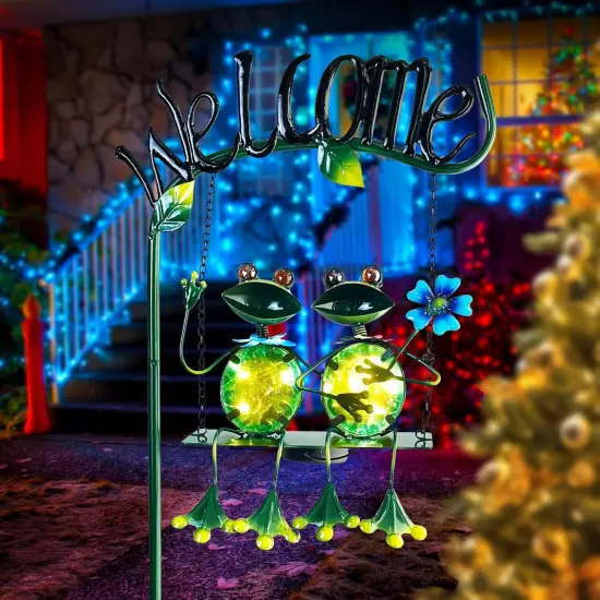 Outdoor Garden Solar Lights,Frog Swing Garden Decor,Frog Decorative Stake with Welcome Sign for Landscape Patio Yard (48 inch) {2}