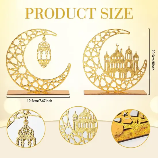 2 Pieces Wood Ramadan Decorations Islamic Eid Mubarak Kareem Table Sign Moon Hollow Star Ornament for Muslim Party Tabletop Decor Home Art Craft Decoration Golden Moon {2}