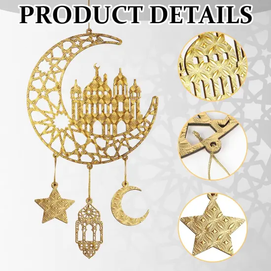 2 Pieces Eid Mubarak Door Sign Wooden Hanging Signs, Ramadan Kareem Hollow Ornament Decorations Moon and Stars, Moon Shape Ramadan Mubarak Party Wood Wall Hanger for Islamic Muslim Home Decor {3}