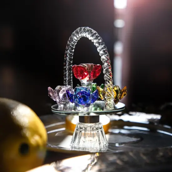 Colorful Crystal Flower Basket Figurine Ornament, Glass Flower with Rotating Base for Home Dress Table Centerpiece {2}