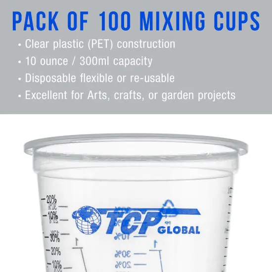 TCP Global 10 Ounce (300ml) Disposable Flexible Clear Graduated Plastic Mixing Cups - Box of 100 Cups & 50 Mixing Sticks - Use for Paint, Resin, Epoxy {4}
