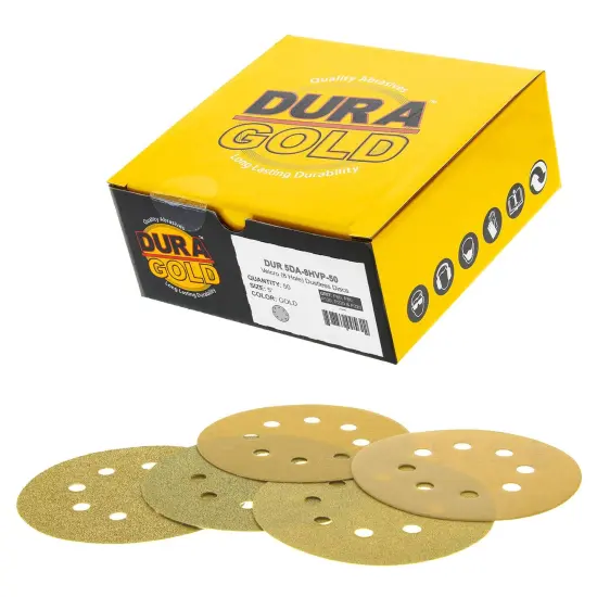 Variety Grit Pack - 5" Gold DA Sanding Discs - 8-Hole Pattern Hook and Loop - 10 each of Grit (60, 80, 120, 220, 320) - Box of 50 {1}