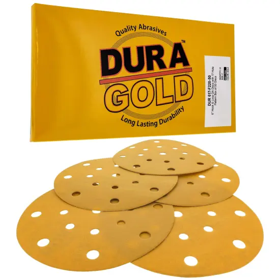 220 Grit - 6" Gold Sanding Discs - 17-Hole Pattern Hook and Loop for DA Sander - Box of 50 {1}