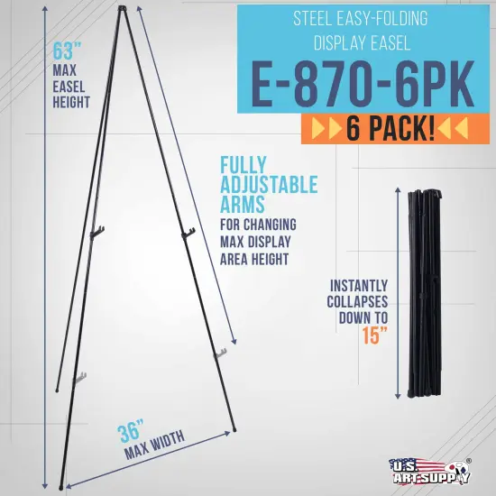 63" High Metal Folding Display Easel (6 Pack) - Adjustable Height, Instantly Collapses, Holds 5 lbs - Portable Art Easel Stand - For Sign, Poster, Canvas, Painting, Picture Display {2}