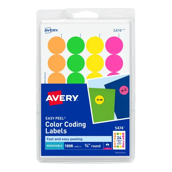 Avery Printable Color-Coding Labels, Removable Adhesive, 3/4" Round, Assorted Neon, 1,008 Labels (5474) {1}