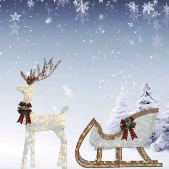 Silver Thread Deer & Sleigh Set 48" Deer, 38" Sleigh, Lighted Christmas Decor {1}