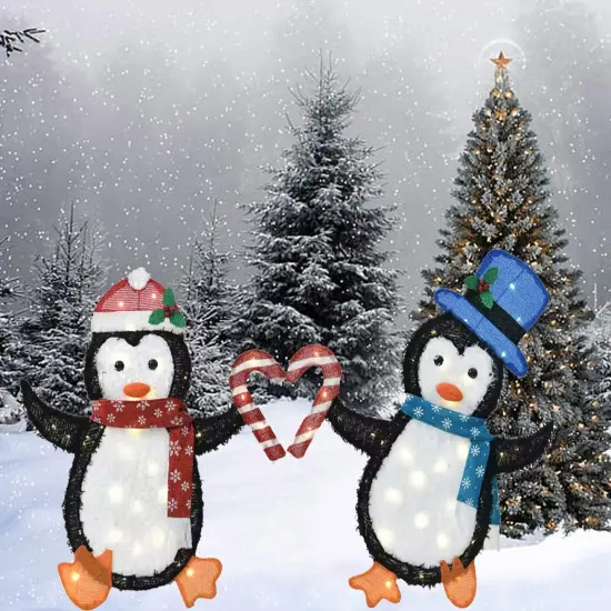 Set of Two Penguins Figurines, Heart-Shaped Decorative Indoor Outdoor 30 and 32 Inch {2}