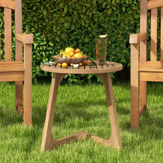 Costway 1/2 PCS Teak Wood Side Table Round Sofa End Table with Slatted Tabletop Nightstand {5}