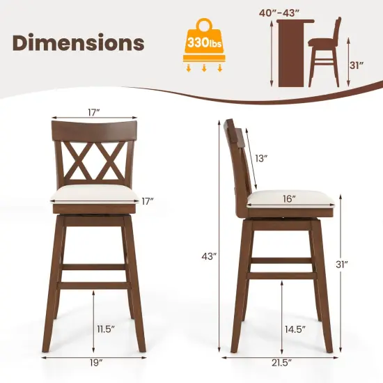 Costway 1/2/3/4 PCS 30" Bar Stool Wooden Chair with Contoured Backrest Swivel Padded Seat for Kitchen Beige {3}