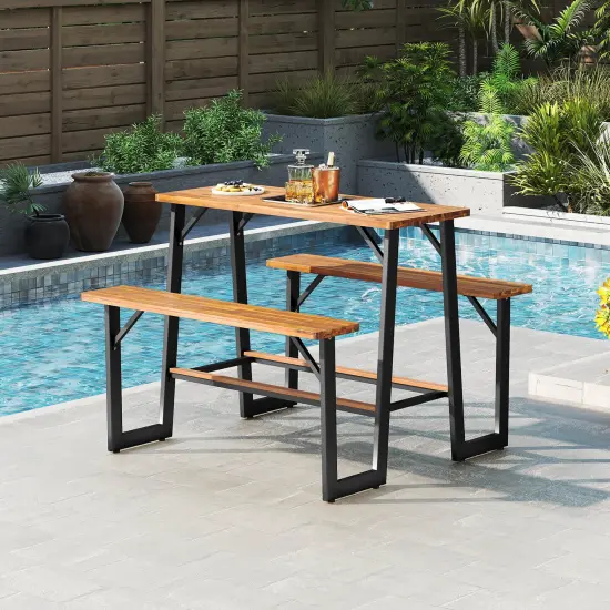 Costway Patio Picnic Table Bench Set with Acacia Wood Tabletop Benchtop Built-in Footrests {4}