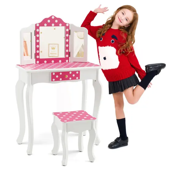 Costway Kid Vanity Set Wooden Makeup Table Stool Tri-Folding Mirror Leopard Print {2}
