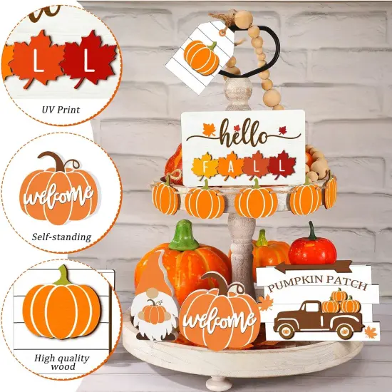 Fall Tiered Tray Decor Set Thanksgiving Pumpkin Maple Leaves {3}