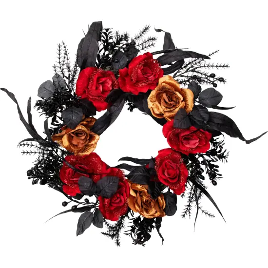 Northlight Roses with Mixed Foliage Halloween Wreath - 22" - Red and Gold - Unlit Black {4}