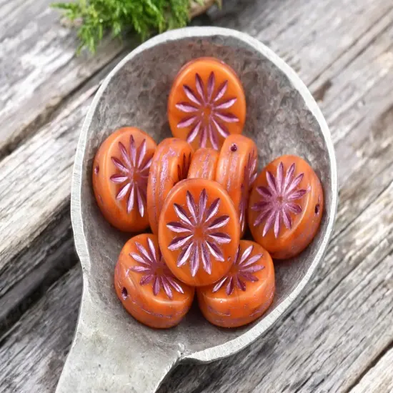 *15* 12mm Pink Washed Orange Opaline Aster Flower Coin Beads {5}
