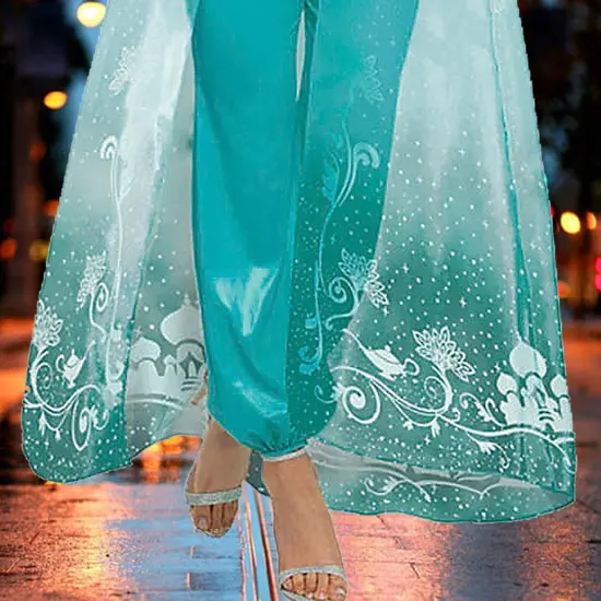 Womens Deluxe Jasmine Costume With Teal Satiny Jumpsuit And Sheer Cape {5}