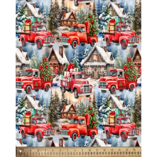 Christmas Town Red Trucks Cotton Fabric | By the Yard | Sewing and Crafting | 44 inches wide {2}